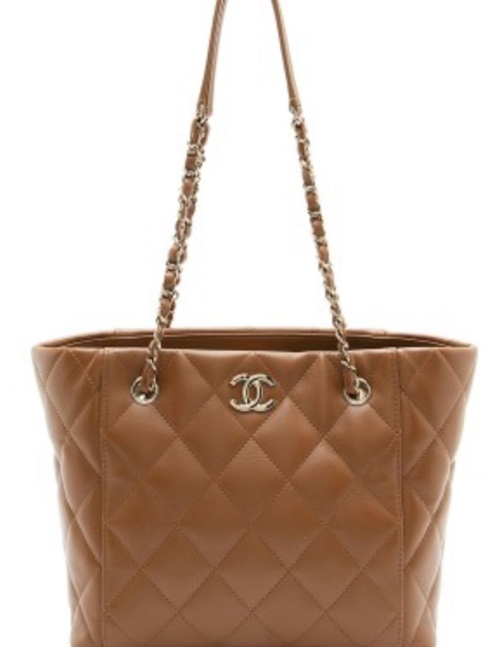 Authentic CHANEL Camel (Brown) Quilted Lambskin Leather Chain-Handle Tote